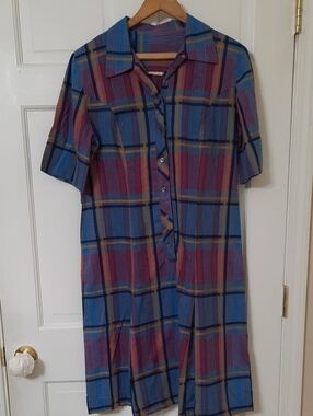 Button-Front Midi Dress in Blue and Purple Plaid